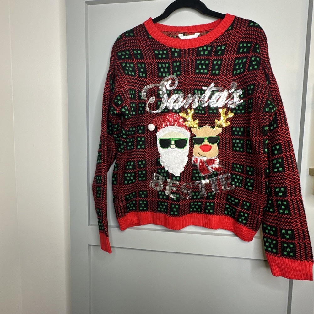No Boundaries Womens Ugly Christmas Sweater Santa's Bestie Sequins Size LG 11-13